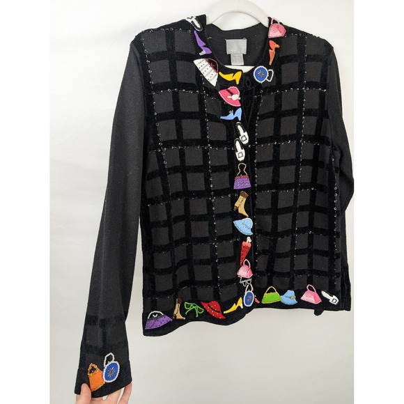 berek Sweaters - Vintage 90s Shopping Lover Shoe Purse Cardigan Size M Black Beaded Novelty Retro